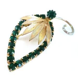 Vintage Green Rhinestone Floral Brooch, Mid-Century, 2 3/8 Inches